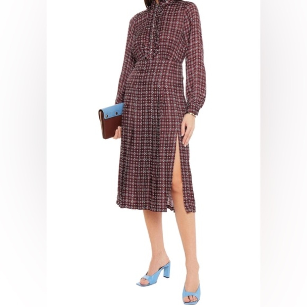 Sandro Like New Ruffle-trimmed printed satin midi dress Merlot size FR 38